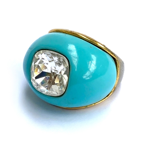 90 - A Kenneth Jay Lane turquoise glass and paste cocktail ring, stamped KJL, size N