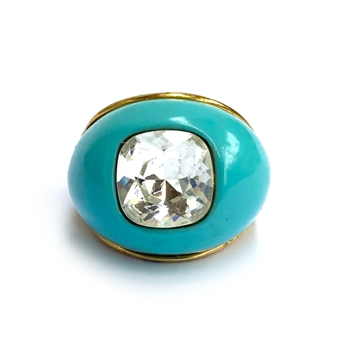 90 - A Kenneth Jay Lane turquoise glass and paste cocktail ring, stamped KJL, size N