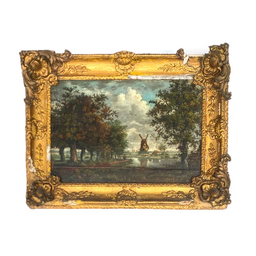 393 - 19th century oil on panel, lowland scene with windmill and figure walking along a grove, 32x47cm