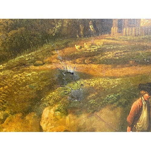 393 - 19th century oil on panel, lowland scene with windmill and figure walking along a grove, 32x47cm