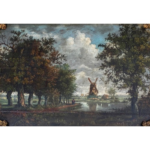 393 - 19th century oil on panel, lowland scene with windmill and figure walking along a grove, 32x47cm