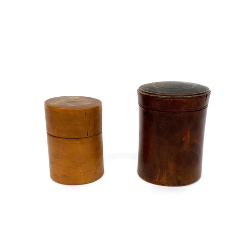 690 - Two 19th century turned cylindrical treen boxes, 9cmH & 7.5cmH