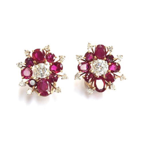 59 - A pair of impressive mid 20th century gold, natural unheated Burma ruby and diamond cluster clip-on ... 
