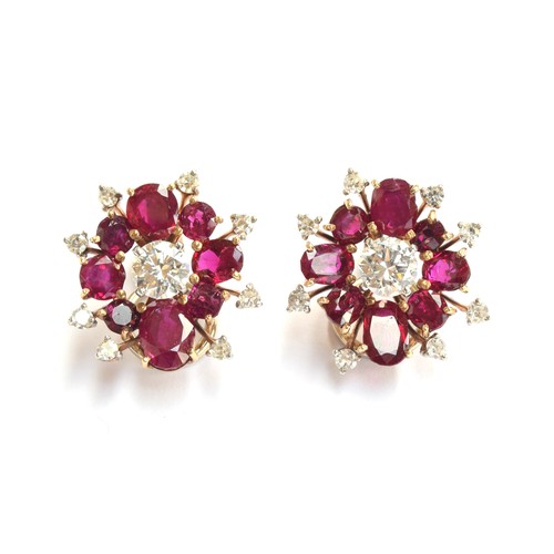 59 - A pair of impressive mid 20th century gold, natural unheated Burma ruby and diamond cluster clip-on ... 