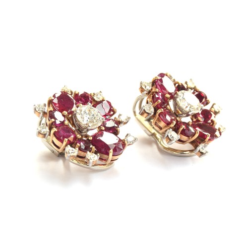 59 - A pair of impressive mid 20th century gold, natural unheated Burma ruby and diamond cluster clip-on ... 