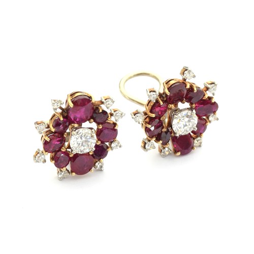 59 - A pair of impressive mid 20th century gold, natural unheated Burma ruby and diamond cluster clip-on ... 