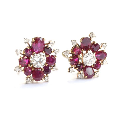59 - A pair of impressive mid 20th century gold, natural unheated Burma ruby and diamond cluster clip-on ... 