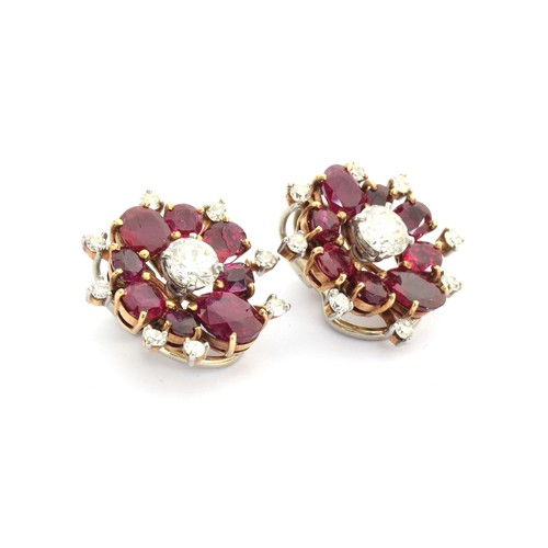 59 - A pair of impressive mid 20th century gold, natural unheated Burma ruby and diamond cluster clip-on ... 