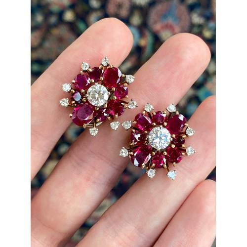 59 - A pair of impressive mid 20th century gold, natural unheated Burma ruby and diamond cluster clip-on ... 