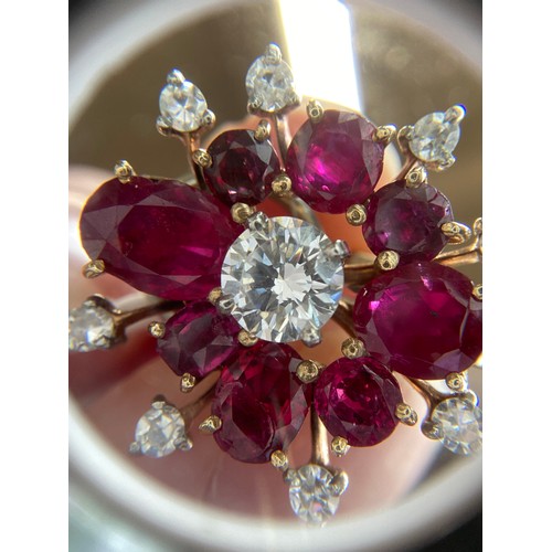 59 - A pair of impressive mid 20th century gold, natural unheated Burma ruby and diamond cluster clip-on ... 