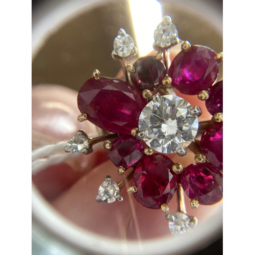 59 - A pair of impressive mid 20th century gold, natural unheated Burma ruby and diamond cluster clip-on ... 
