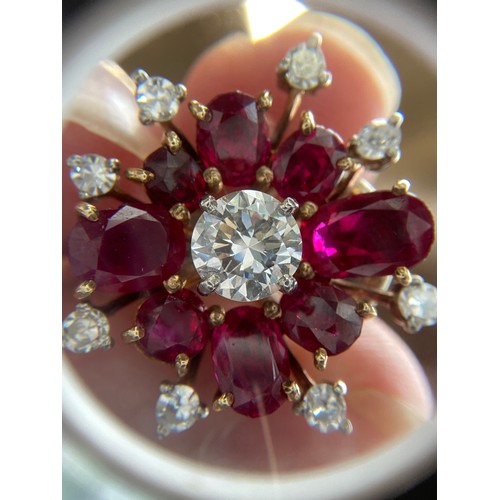 59 - A pair of impressive mid 20th century gold, natural unheated Burma ruby and diamond cluster clip-on ... 