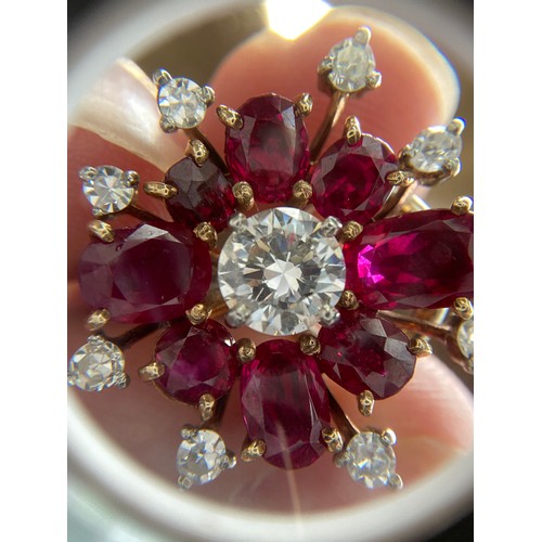 59 - A pair of impressive mid 20th century gold, natural unheated Burma ruby and diamond cluster clip-on ... 