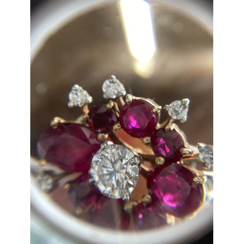 59 - A pair of impressive mid 20th century gold, natural unheated Burma ruby and diamond cluster clip-on ... 