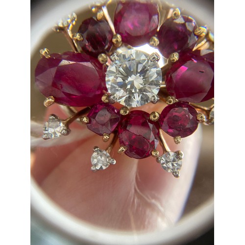 59 - A pair of impressive mid 20th century gold, natural unheated Burma ruby and diamond cluster clip-on ... 