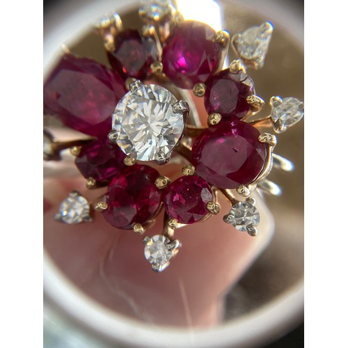 59 - A pair of impressive mid 20th century gold, natural unheated Burma ruby and diamond cluster clip-on ... 
