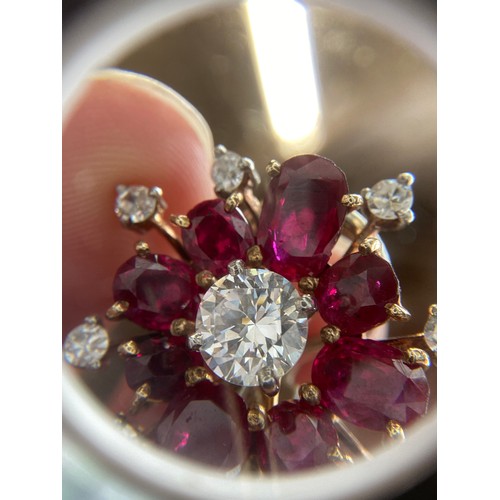 59 - A pair of impressive mid 20th century gold, natural unheated Burma ruby and diamond cluster clip-on ... 