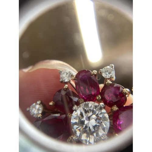 59 - A pair of impressive mid 20th century gold, natural unheated Burma ruby and diamond cluster clip-on ... 