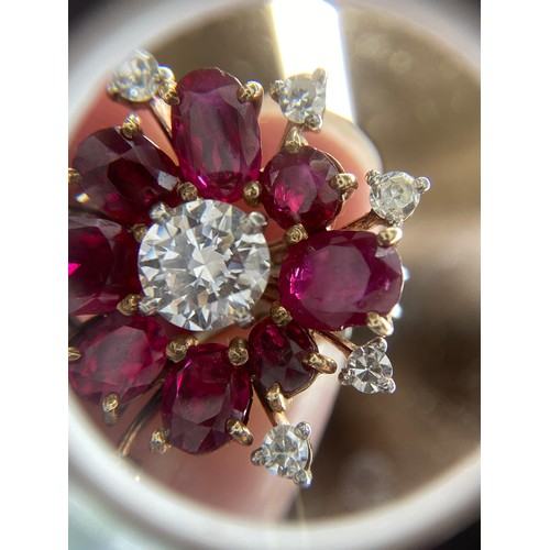 59 - A pair of impressive mid 20th century gold, natural unheated Burma ruby and diamond cluster clip-on ... 