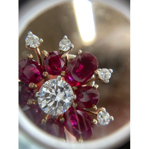 59 - A pair of impressive mid 20th century gold, natural unheated Burma ruby and diamond cluster clip-on ... 