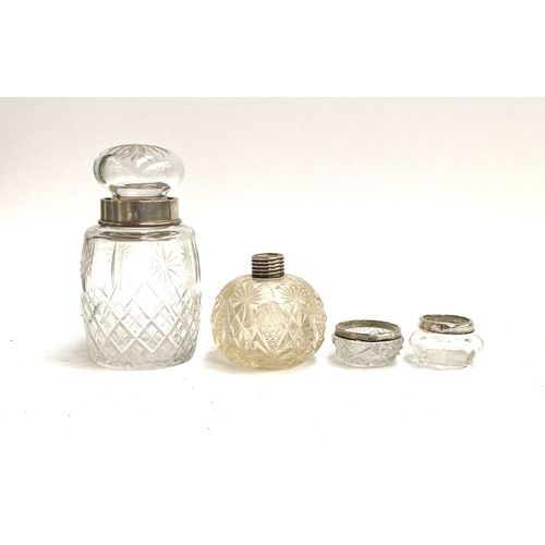 137 - A cut glass jar with silver collar, hallmarked for London 1929, 14.5cmH; together with two small pot... 
