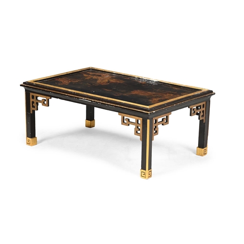 A Chinese black lacquer and parcel gilt panel mounted as a low table, 20th century and earlier, the Chinese lacquer panel possibly 18th century, 106cm wide, 69cm deep, 42cm high