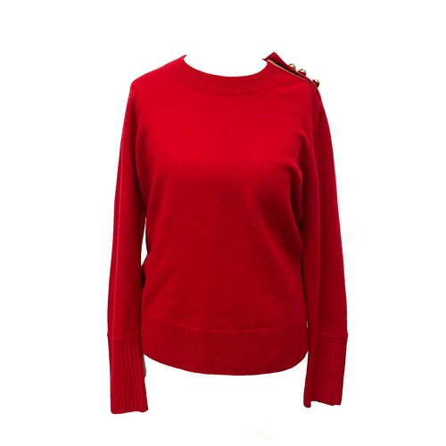 1949 - A Burberry red cashmere knitted women's jumper with gold buttons detailing on shoulder and cuffs, ri... 