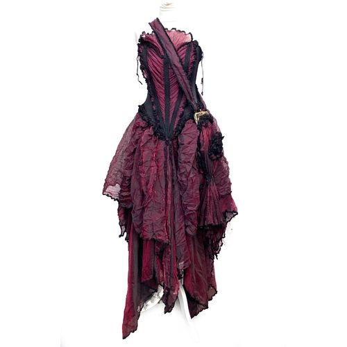 2010 - A Carole Lee burgundy and black lace gown with matching purse and separate sleeves, size L