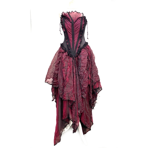 2010 - A Carole Lee burgundy and black lace gown with matching purse and separate sleeves, size L