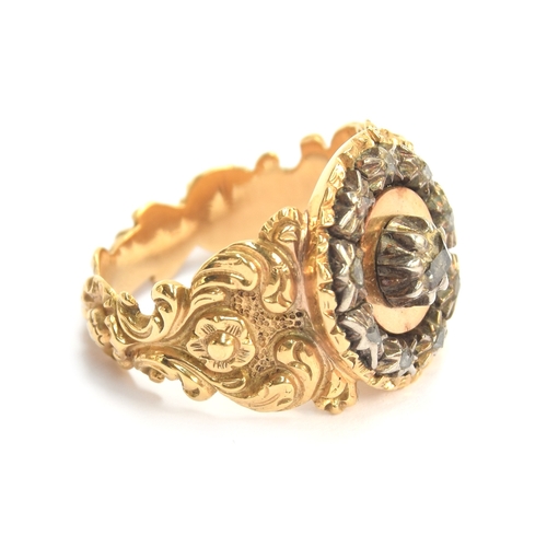 3 - A heavy 19th century gold and diamond cluster ring, the diamonds set in cut down silver settings, fl... 