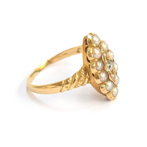 9 - A Victorian gold, pearl and diamond navette ring, marks rubbed but tests as 15ct or higher, size M 1... 