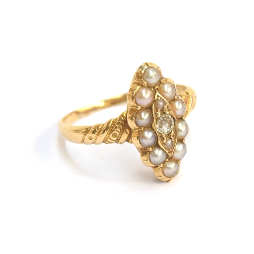 9 - A Victorian gold, pearl and diamond navette ring, marks rubbed but tests as 15ct or higher, size M 1... 
