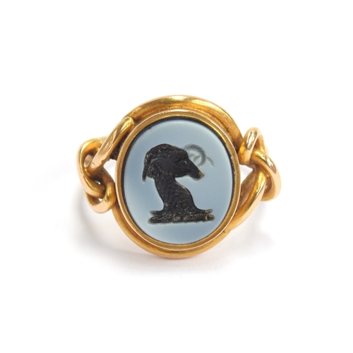 1 - A Victorian 18ct gold nicolo intaglio ring, the agate carved with the crest of a horned ram, possibl... 