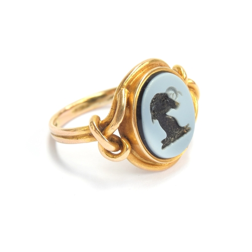 1 - A Victorian 18ct gold nicolo intaglio ring, the agate carved with the crest of a horned ram, possibl... 