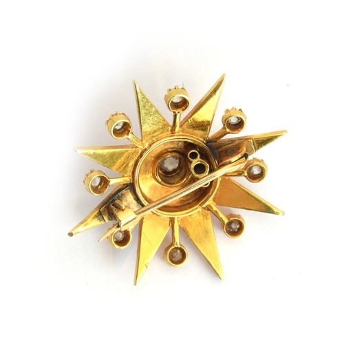 59 - A late 19th/early 20th century gold mounted star burst brooch set with old cut diamonds and split pe... 