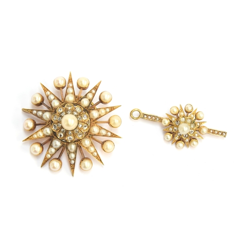 50 - A Victorian gold, pearl and diamond star form pendant/slide, the large pendant drop 4cm diameter, su... 