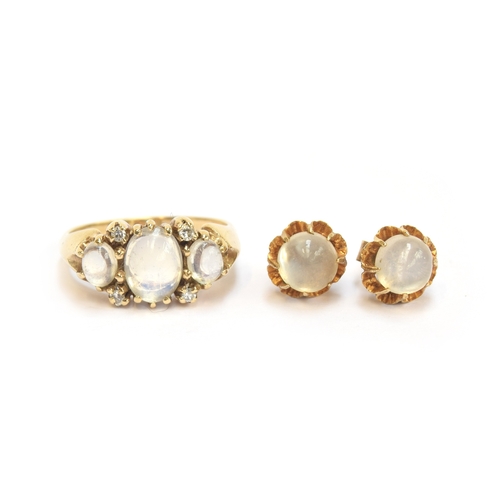 15 - A 9ct gold and moonstone trilogy ring set with small diamonds, size N 1/2, 3.6g; together with a pai... 