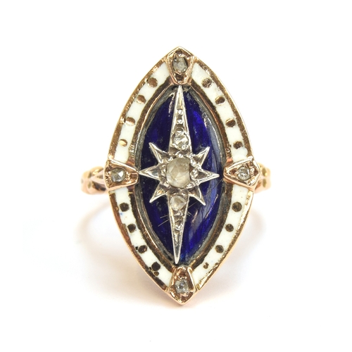 5 - A Georgian Revival gold, enamel and diamond ring of navette form, a diamond set star burst on a coba... 