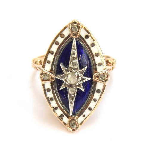 5 - A Georgian Revival gold, enamel and diamond ring of navette form, a diamond set star burst on a coba... 