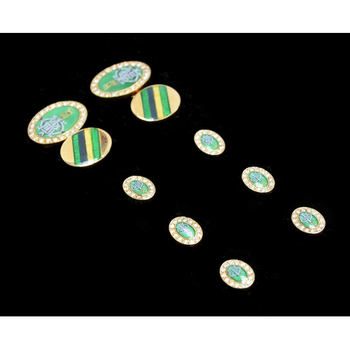 29 - A cased set of Asprey 18ct gold, enamel and diamond Queen's Royal Hussars cufflinks and studs, 1.9cm... 