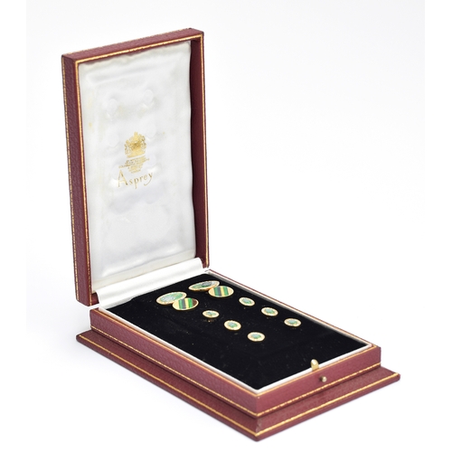 29 - A cased set of Asprey 18ct gold, enamel and diamond Queen's Royal Hussars cufflinks and studs, 1.9cm... 