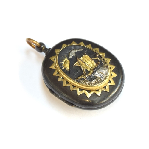 52 - A 19th century Japanese Shakudo locket, with applied silver and gold decoration, one side depicting ... 