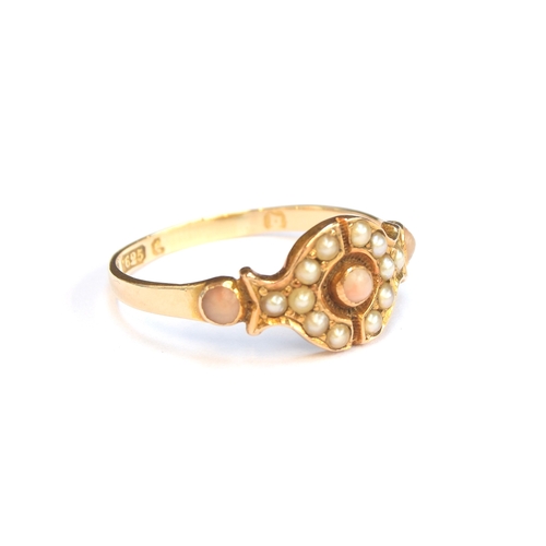 6 - A Victorian 15ct gold ring set with angel skin coral and pearls, size P 1/2, 2.3g, in 19th century o... 
