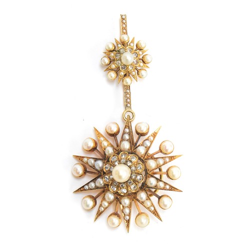 50 - A Victorian gold, pearl and diamond star form pendant/slide, the large pendant drop 4cm diameter, su... 