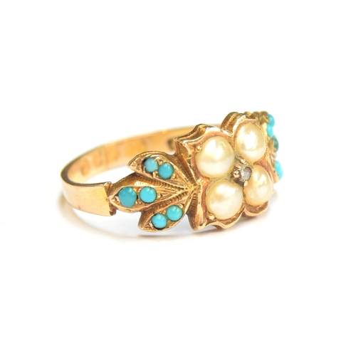7 - A Victorian 15ct gold, pearl, turquoise and diamond ring, engraved 'P.T to C.J with Affectionate Reg... 