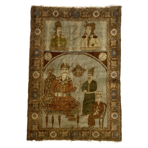A Persian pictorial rug depicting courtly figures with an Arabic Tughra ...