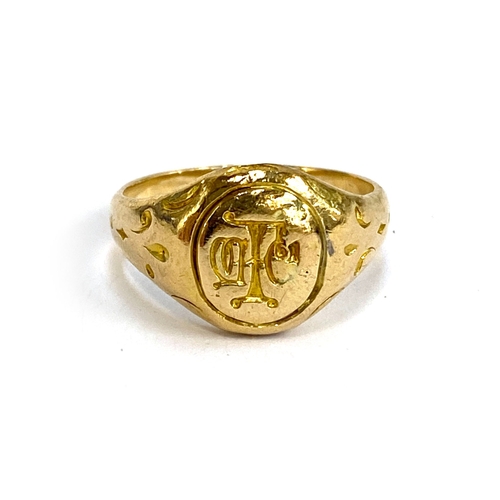 A Victorian gold signet ring, engraved with a monogram, dated 1862 inside shank, unmarked but tests as 15ct or higher, size O, 6.7g