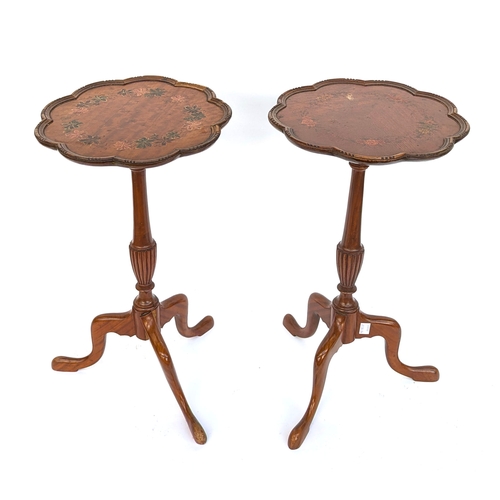 A pair of Edwardian satin mahogany wine tables, with floral painted ...