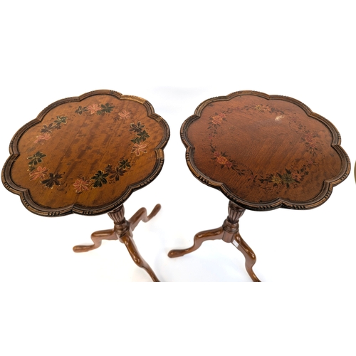 A pair of Edwardian satin mahogany wine tables, with floral painted ...