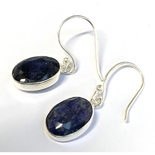 15 - A 925 silver and bezel set lapis station chain necklace, 100cmL; together with a similar pair of 925... 